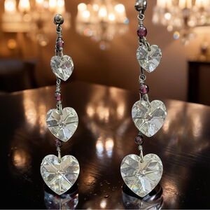 Vintage 1980s Swarovski Crystal 3-Tier Heart Earrings w Garnet
